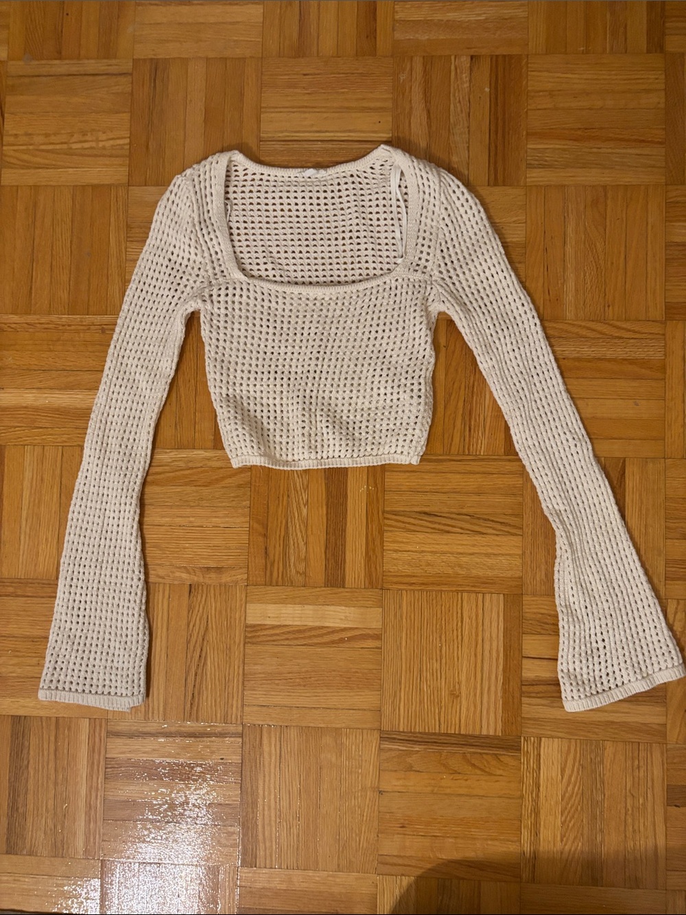 Women’s Cream Knit Long-Sleeve Square Neck Crop Top Swim Cover-Up